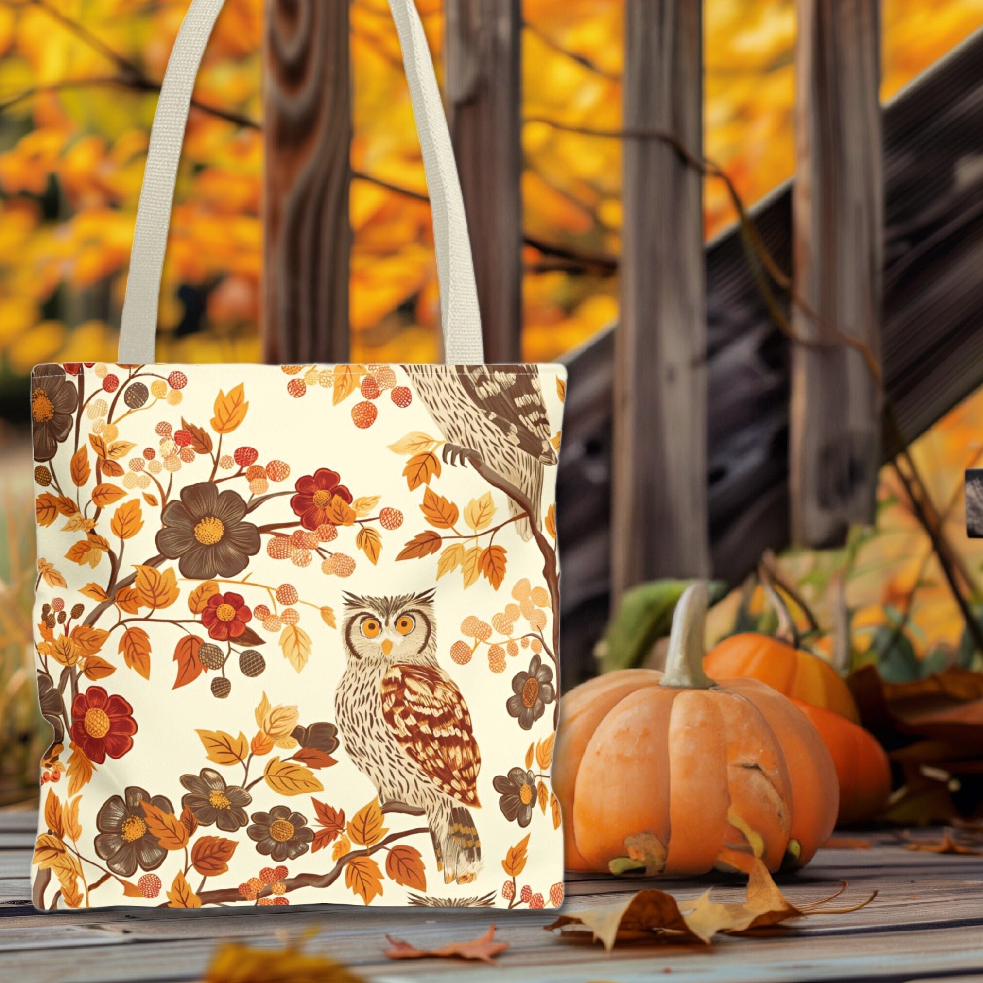 Owl Fall Autumn Tote Bag in 3 Sizes & 3 Handle Colors, Owl Lover Gift, Owl Stuff, Autumn Fall Tote Bags, Fall Tote Bag Gift