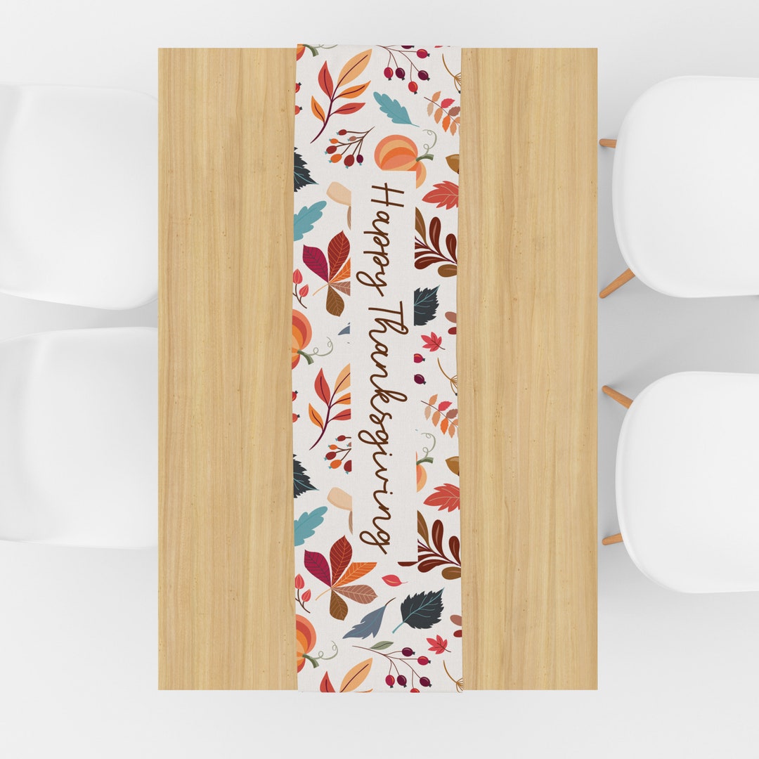 HAPPY THANKSGIVING TABLE Runner With Fall Leaves Pumpkins, Thanksgiving