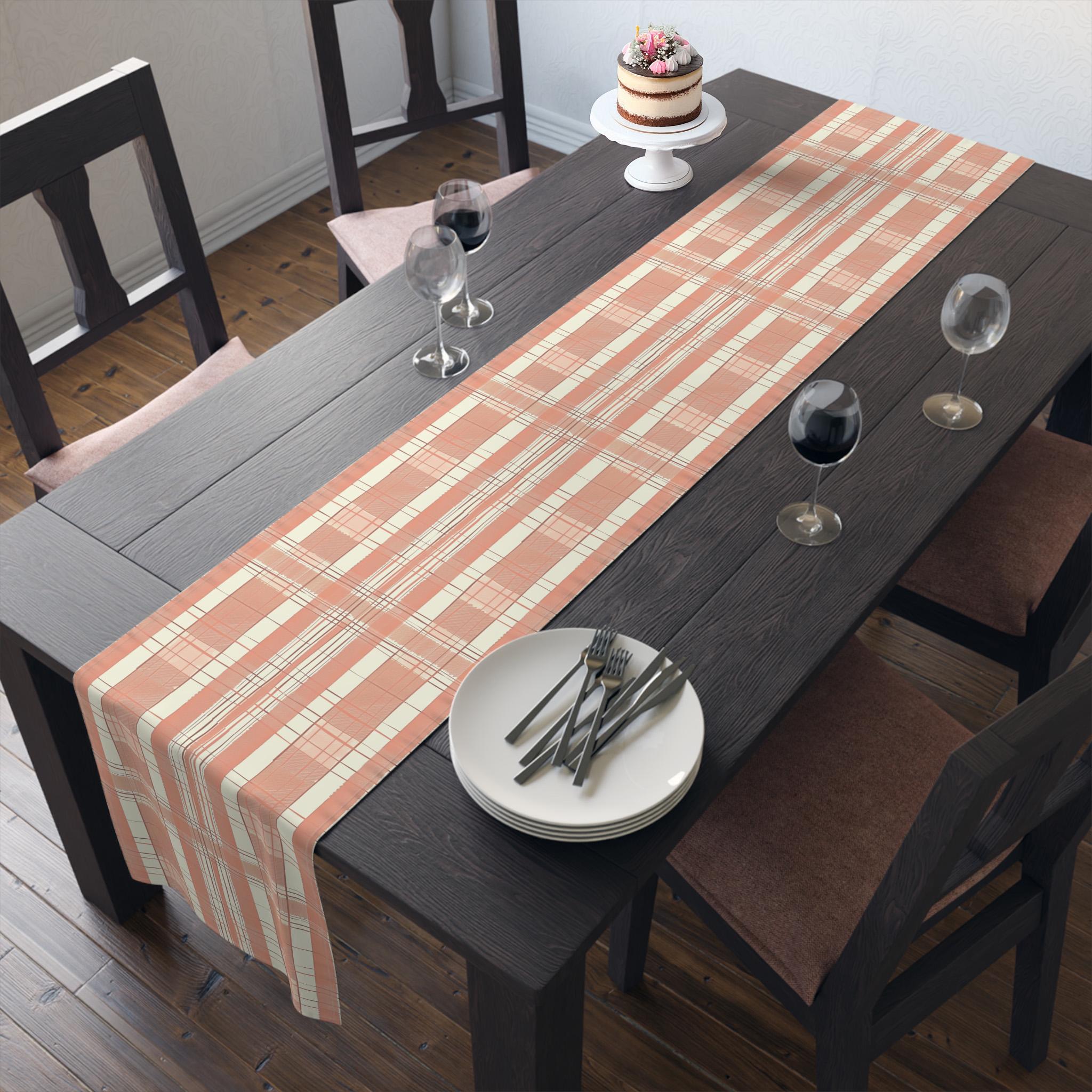 Plaid Abstract Coral White Dining Table Runner, Dining Table Decor, Plaid Table Decor, Dining Room, Summer Plaid Decor, 2 Sizes, 2 Fabrics