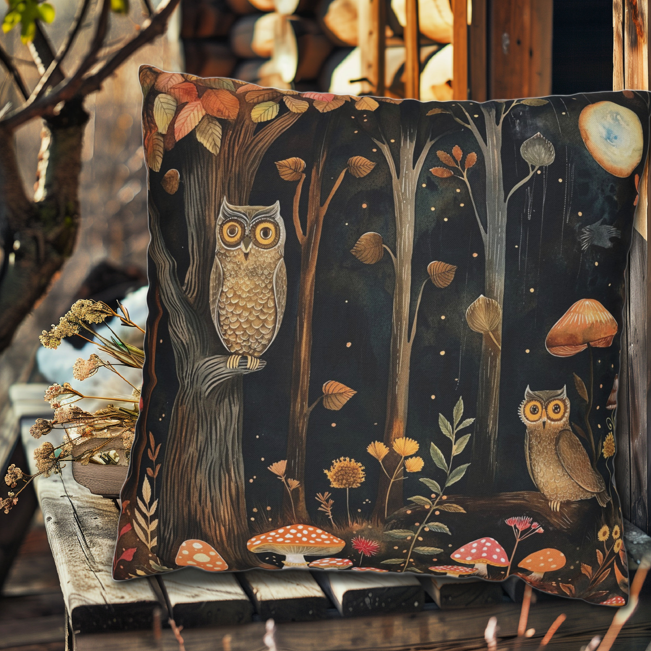 Fall Pillow Black Trees Owl Mushrooms, Fall Home Décor, Autumn Home Décor, Black Fall 