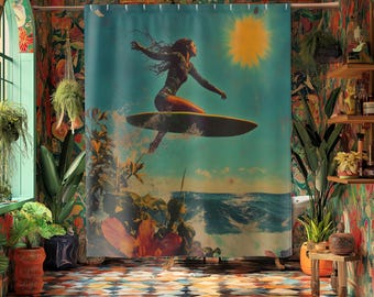 May include: A vintage-style shower curtain featuring a woman surfing on a wave with a bright yellow sun in the background. The curtain has a tropical theme with palm trees and a blue and green colour scheme.