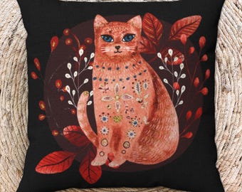 Folk Art Cat Throw Pillows and Covers, Bohemian Decor, 1970s Hippie Style