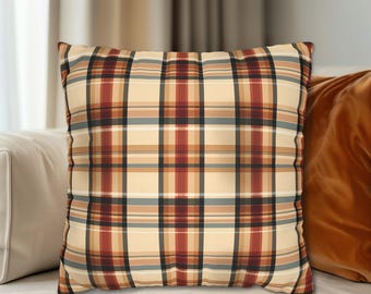 Fall Plaid Throw Pillow, Beige Brown Rust, Mid Century Decor