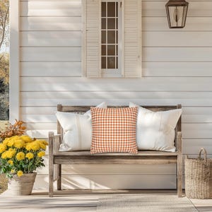 Oranje geruite vierkante sierkussen, herfstkussens, herfstkussens, zomerkussens, kussens met gingangruit, herfstdecor, herfsthuisdecor, oranje ruitkussen afbeelding 4