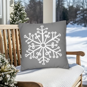 Snowflake Throw Pillow - White on Gray with Indoor Outdoor Options in Multiple Sizes, Winter Throw Pillows, Cute Snowflake Pillows