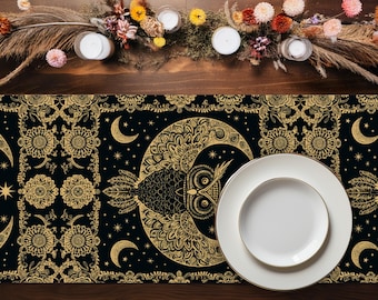 Celestial Owl-tafelloper: boho-eetkamerdecor, zwart en bruin