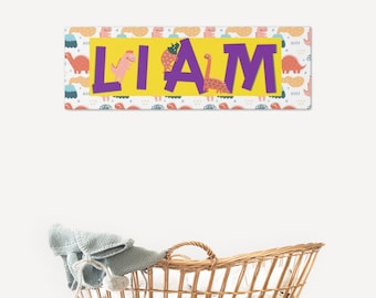 Letrero de dinosaurio personalizado, letrero con nombre para niños, letrero con nombre para guardería, guardería de dinosaurios, decoración infantil de dinosaurios, decoración de habitación de niños, dormitorio de dinosaurios, 36 x 12"
