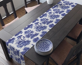 Toile Table Runner, Patina Blue House Tree French in 2 Sizes