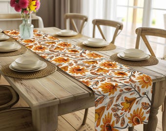 Caminho de mesa floral outonal, estampa botânica laranja, decoração boho para o outono