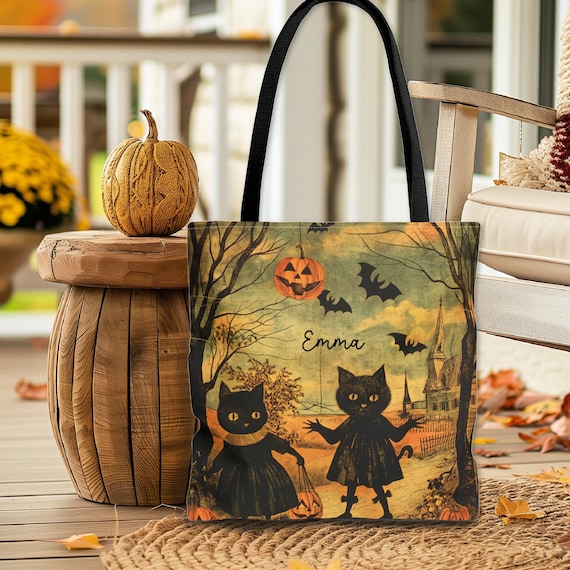 Vintage Style Black Cat Halloween Tote, Customizable Retro  display picture 1
