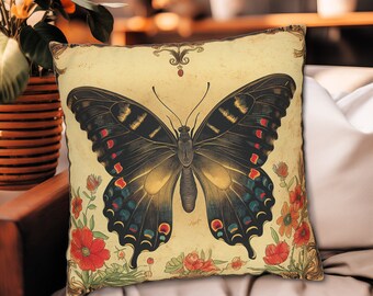 Art Nouveau Butterfly Floral Pillows and Covers, Light Yellow Boho Home Decor