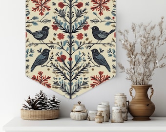 Decoración de pared invernal, arte popular, mandala, pájaro, botánico, floral, banderín, listo para colgar, arte de pared invernal, acogedor arte de pared invernal cottagecore
