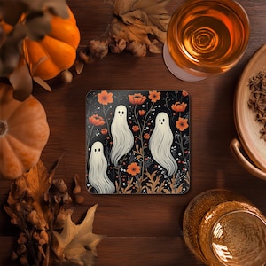 Halloween Coaster Set: Boho Botanical Floral Ghosts, Halloween Table Decor