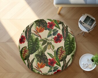 Vintage Tropical Floor Pillow, Large Tufted Cushion, Hollywood Regency Decor