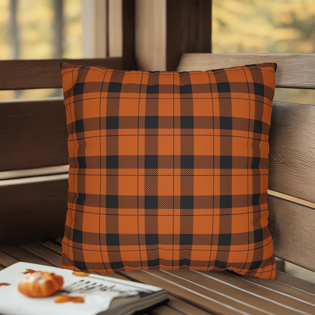 Set Di 2 Federe Per Cuscini 45x45 Cm – Plaid Arancione Bruciato E Nero – Decorazione Autunnale Per Divano E Casa
