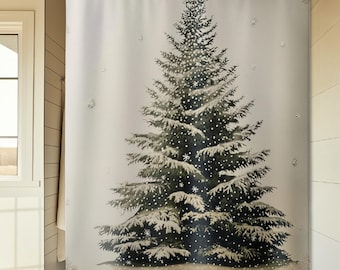Winter Snowy Tree Shower Curtain + Bath Mats, Holiday Bathroom Decor - 71x74"