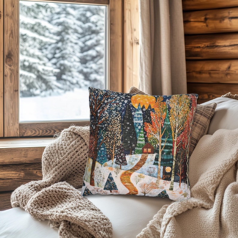 This winter folk art inspired pillow design features a colorful winter forest with a path leading to a cozy home. Choose whether or not to have a pillow insert - our covers are printed upon order in the US with outdoor options.