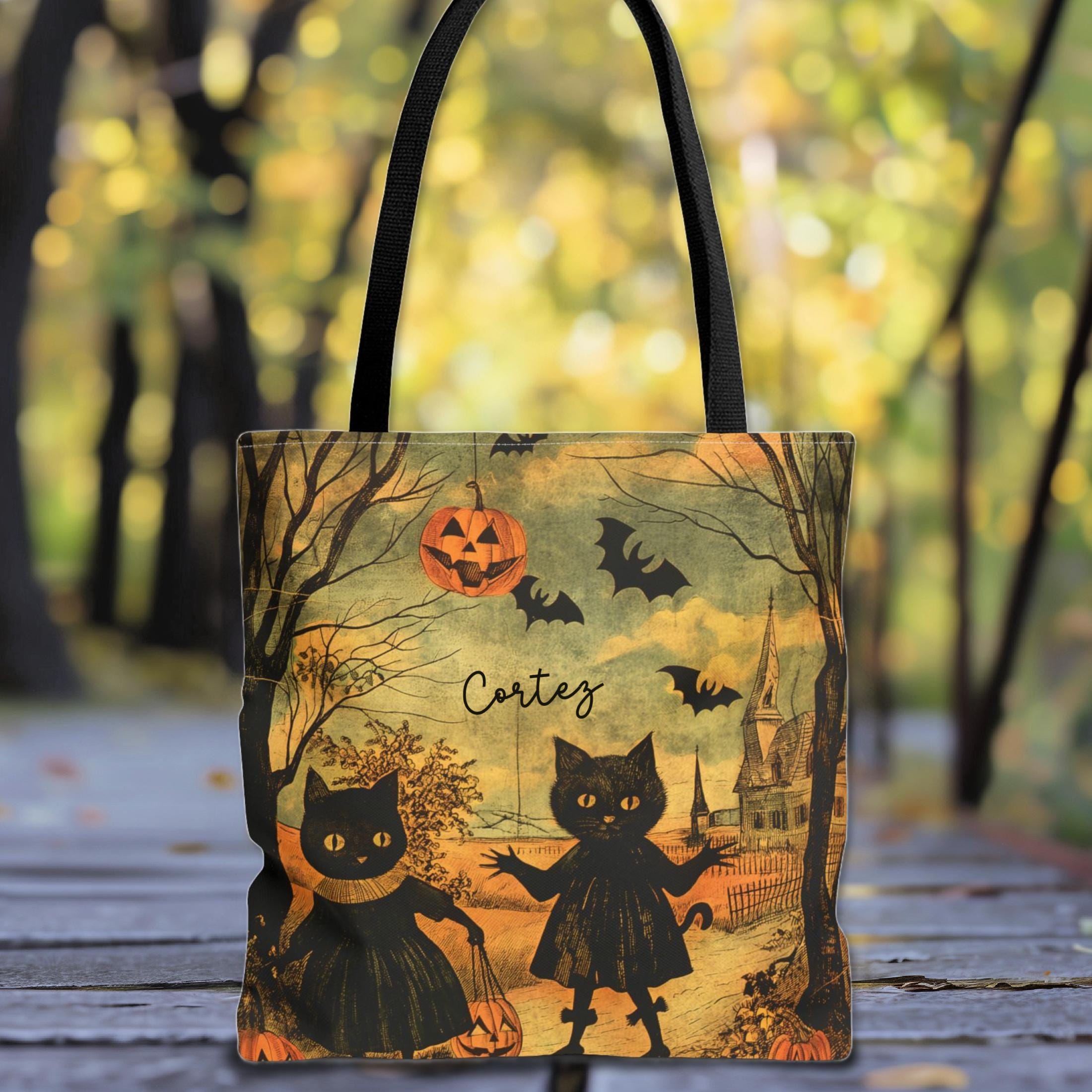 BACKPACK-CUSTOM MADE-BLACK CATS & PUMPKINS GRAY HALLOWEEN TREAT BAG! Order yours now! Available only at  main image 3