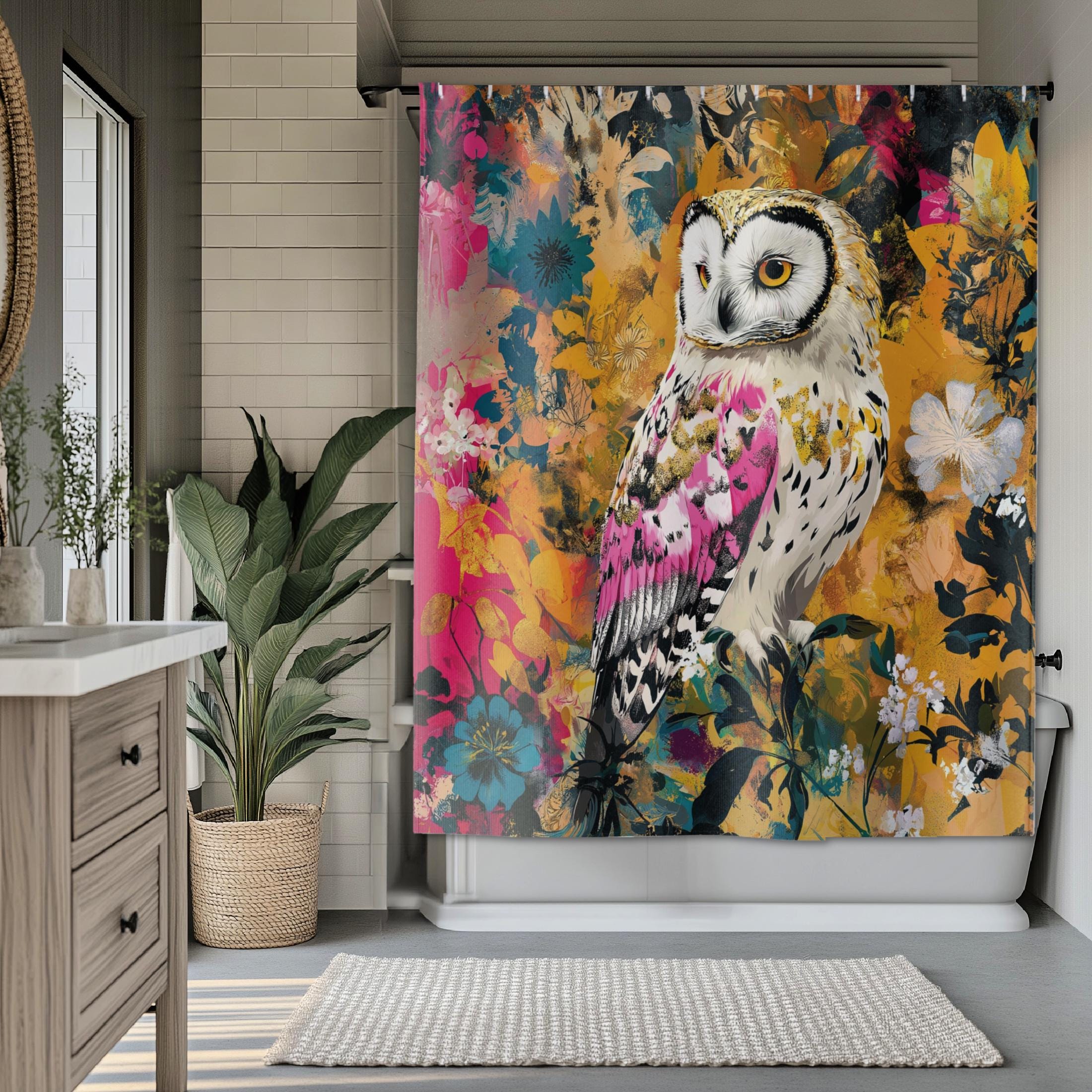 Owl Pop Art Shower Curtain Bath Mat - Abstract Bright Punk Bold, Pop Art Decor, Owl Bathroom Decor, 