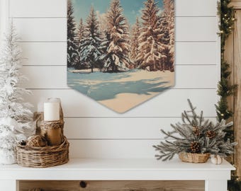 Winter Wall Decor Vintage Photography Winter Forest Trees Pennant Flag, Winter Holiday Wall Art, Sunny Snowy Tree Photographs