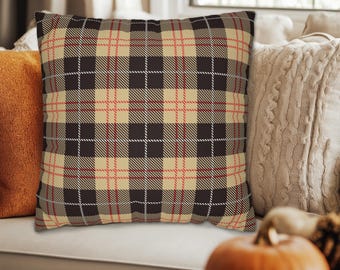 Plaid Beige Black Red Square Throw Pillow Fall Autumn Winter, Rustic Plaid Throw Pillows, Plaid Home Decor, 14x14, 16x16, 18x18, 20x20