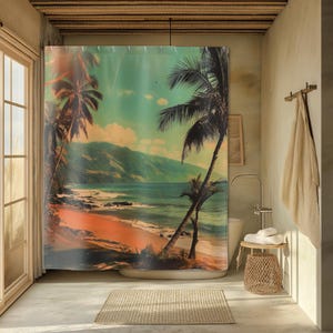 Tropical Shower Curtain Bath Mat - Vintage Beach Palm Tree, Bathroom Set, Tropical Bathroom Decor, Beachy Bathroom Decor