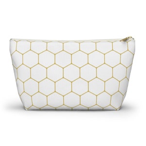 GOLD HONEYCOMB CANVAS Zipper Pouch for Makeup Accessories Toiletries Chargers in 2 Sizes, Zippered Pouch Organizers, Honeycomb Purse