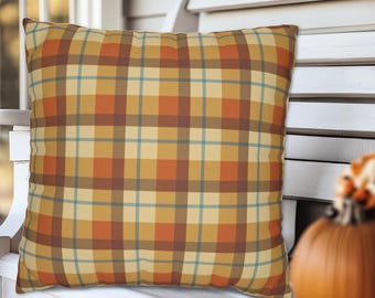 Fall Multicolor Plaid Brown Orange Blue Beige Square Pillow, Autumn Plaid Throw Pillows, Fall Autumn Home Decor, Autumn Porch Pillows