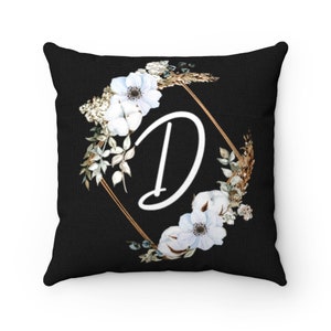 Funda de almohada con la letra D, almohada inicial, almohada con la letra D, funda de almohada con el alfabeto, almohada con el alfabeto, diseño floral en blanco y negro, almohada con monograma, 4 tamaños