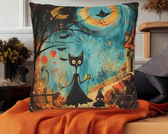 Cojín decorativo de gato negro estilo vintage para Halloween, decoración retro y espeluznante