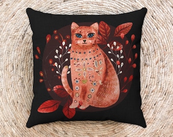 Folk Art Cat Pillow Cover, Bohemian Vibe Pillow Covers, 1970s Style Decor, Cat Room Decor, Cat Art Pillows, Hippie Room Decor