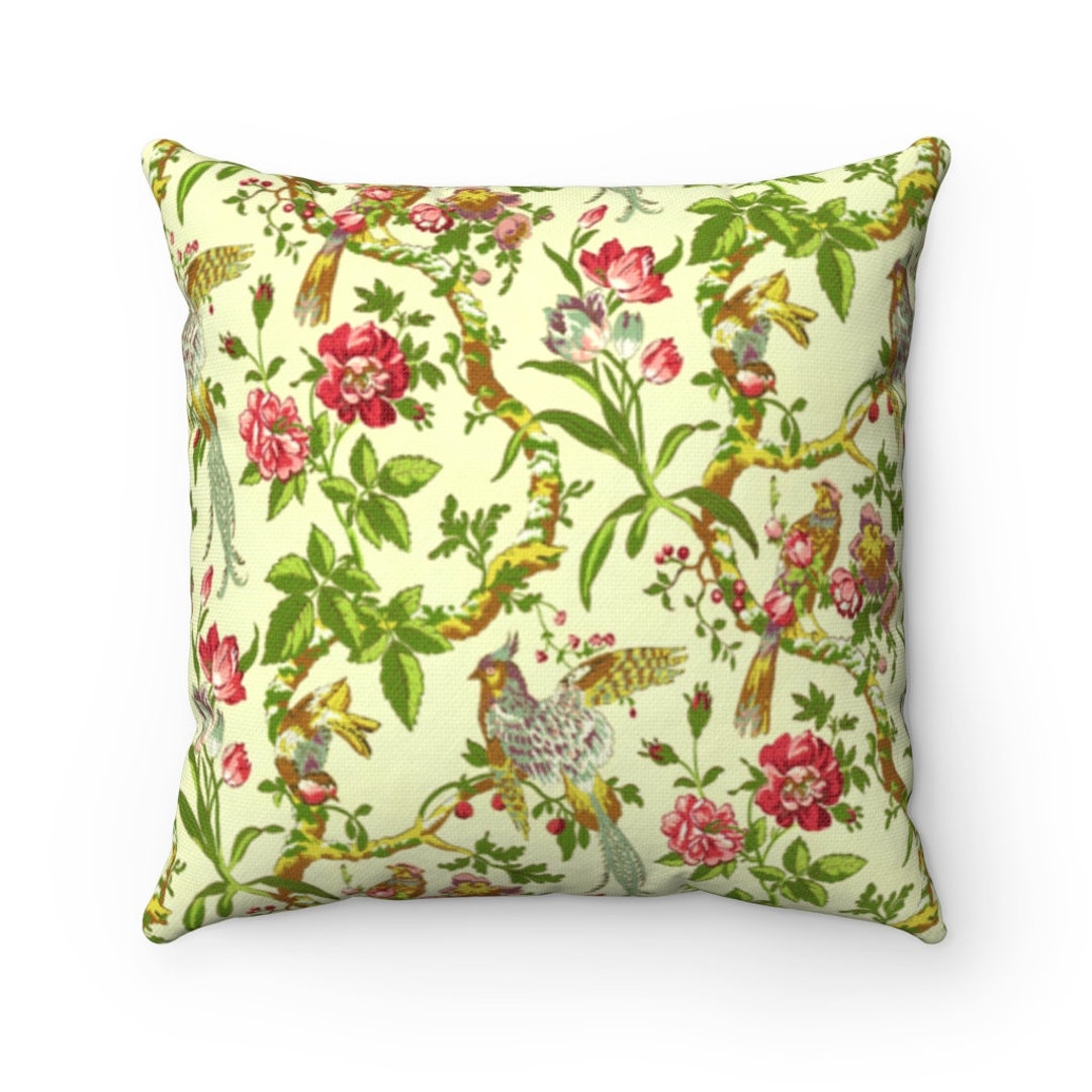 YELLOW VINTAGE FLORAL Pattern Pillow Cover, Birds and Branches, Floral