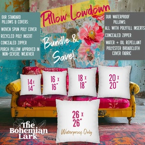 May include: A set of five white throw pillows with pink text showing different sizes: 14x14 inches, 16x16 inches, 18x18 inches, 20x20 inches, and 26x26 inches. The pillows are arranged on a yellow sofa with a pink floral pattern. The text "Pillow Lowdown Bundle & Save!" is at the top of the image. The text "Waterproof Only" is below the largest pillow.