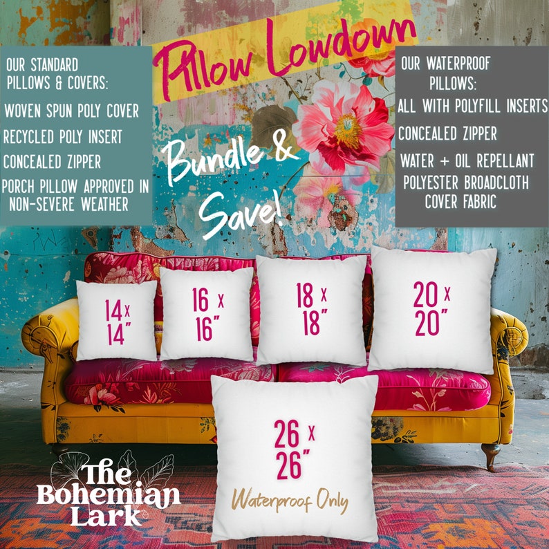 May include: A set of five white throw pillows with pink text showing different sizes: 14x14 inches, 16x16 inches, 18x18 inches, 20x20 inches, and 26x26 inches. The pillows are arranged on a yellow sofa with a pink floral pattern. The text "Pillow Lowdown Bundle & Save!" is at the top of the image. The text "Waterproof Only" is below the largest pillow.