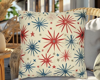 Americana Fireworks White Red Blue Distressed Throw Pillow, 4th of July Pillows, Americana Decor, Indoor Outdoor Pillows, 4th of July Decor
