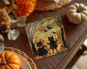 Vintage Halloween Black Cat Coaster Set: Retro Fall Table Decor