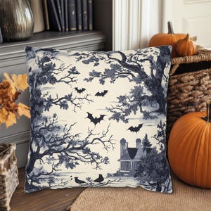 Halloween Bat & Castle Toile Pattern Throw Pillow, Halloween Decorations, Spooky Halloween Decor, Indoor Outdoor Halloween Pillows
