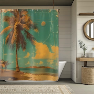 Palm Tree Shower Curtain Bath Mat - Vintage Beach Moon Distressed, Bathroom Set, Tropical Bathroom Decor, Beachy Bathroom Decor