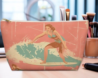 SURFER GIRLS PINK Bolsa de cremallera de accesorios de maquillaje de viaje en 2 tamaños, regalo de chica surfista, accesorios de surfista rosa, lindas bolsas de cosméticos playeras