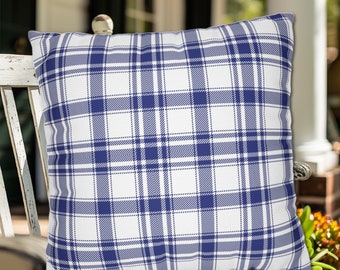 May include: A blue and white plaid throw pillow with a square shape. The pillow is made of a soft, comfortable fabric and is perfect for adding a touch of style to any room.