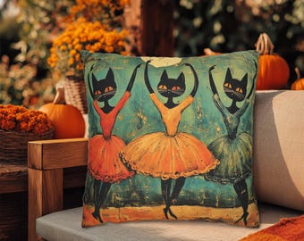 Cojín decorativo de bailarinas con gatos negros para Halloween, decoración ecléctica de arte popular.