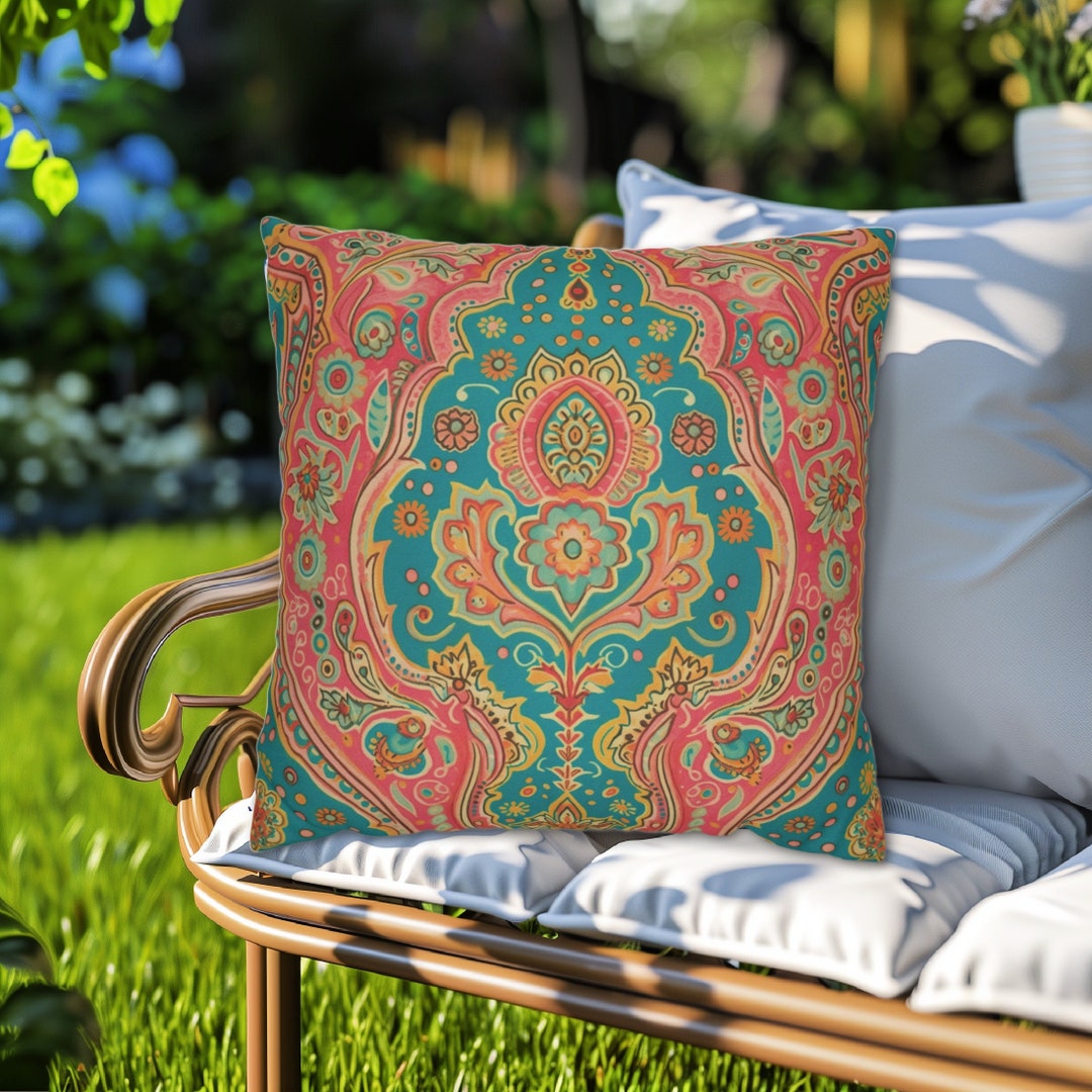 Henna Pattern Pool Henna Pattern Pink & Turquoise Throw Pillow, Summer Bohemian Decor ...