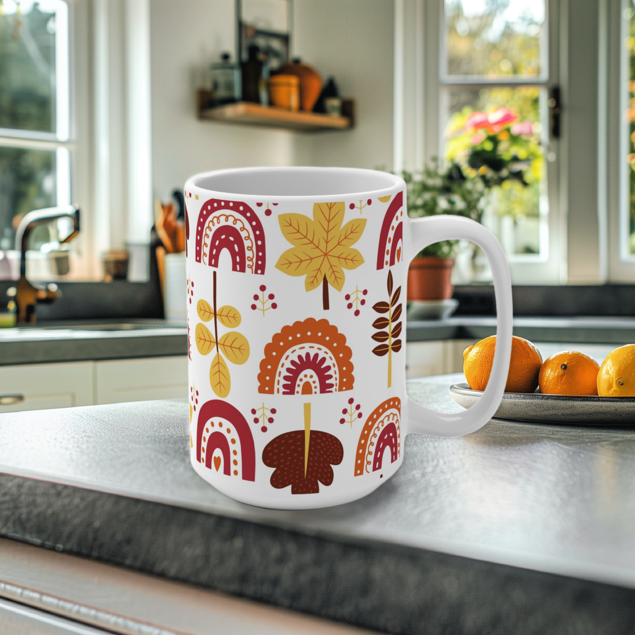 Fall Cup Designa Fall Pattern Mug Autumn Leaves & Rainbows in 2 Sizes, Autumn Coffee ...