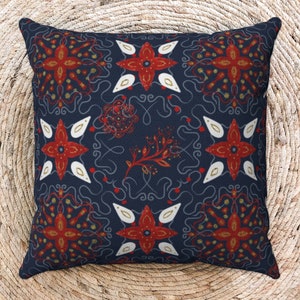 Bohemian Pillow Cover, Abstract Pattern, Navy Blue and Red, Botanical Pillows, Boho Decor, Winter Decor, Dark Pillows, Multiple Sizes