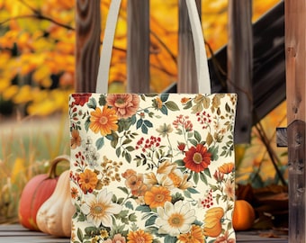 Herbst Blumen Tragetasche, Herbst Chrysanthemen & Wildblumen in 3 Größen + 3 Grifffarben