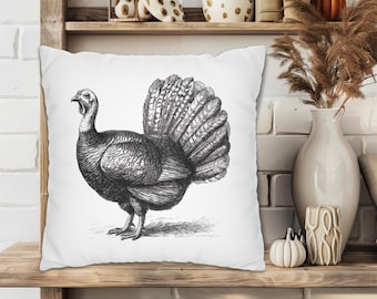 Black and White Turkey Throw Pillows + Covers, Thanksgiving Decor, Indoor Outdoor