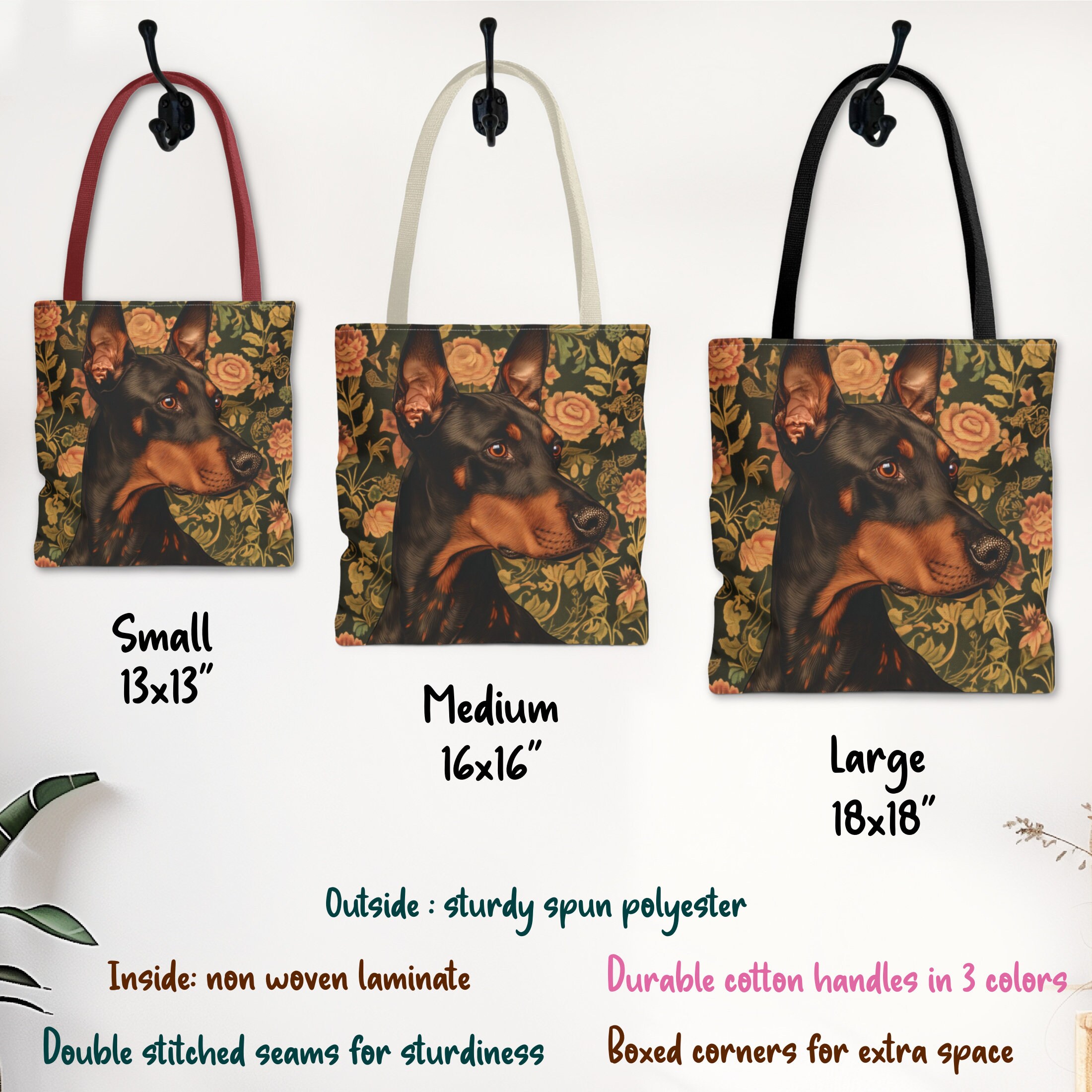 Floral Doberman Pinscher Tote Bag, Dog Lover Gift With Multiple