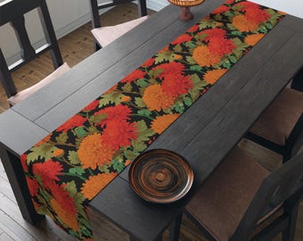 Caminho de mesa floral vibrante com crisântemos para o outono: decoração boho de outono
