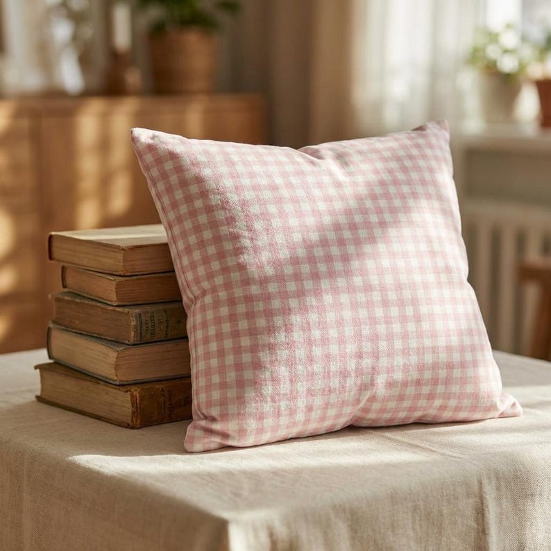 May include: A square pink and white gingham patterned pillow rests on a table next to a stack of old books. The pillow has a soft, textured appearance and is filled with a fluffy material. The pillow is a decorative home accent.