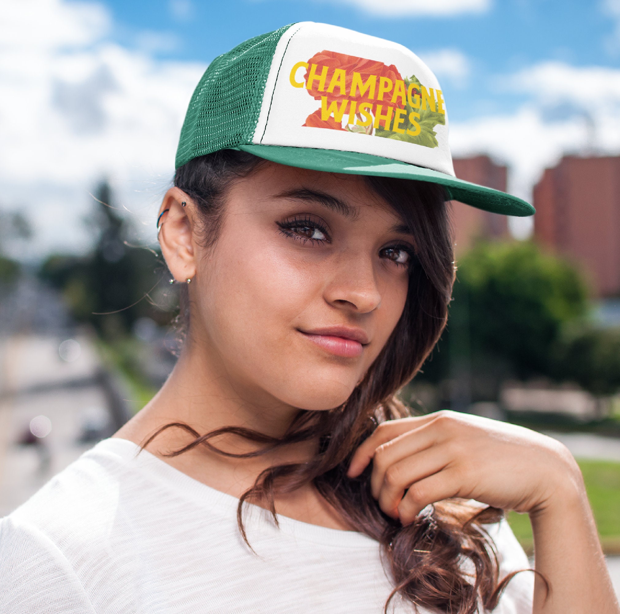 Pink and Green Champagne Dreams Trucker Hat Champagne Wishes Trucker Hat Snapback Available in 3 Colors  main image 2